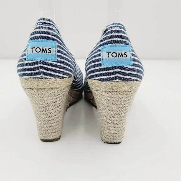 Toms Blue Striped Peep Toe Espadrille Wedge Sandal Size 7.5 - Picture 4 of 8